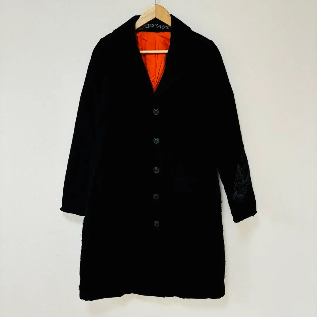 [Sabotage] Long Chester Coat S Black Cotton Fringe Embroidery