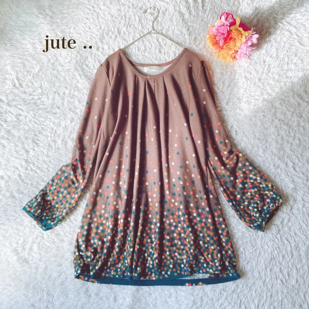 jute .. [M] Dot pattern long sleeve T-shirt brown tunic length body cover