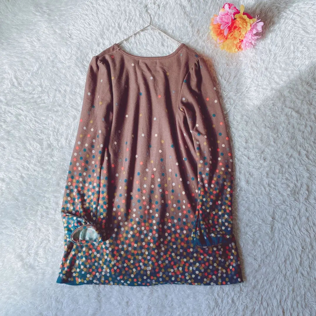 jute .. [M] Dot pattern long sleeve T-shirt brown tunic length body cover