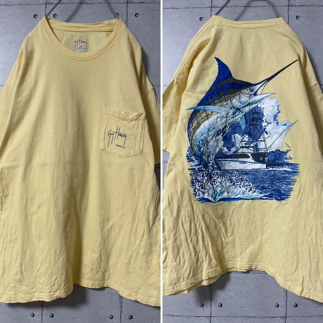 US Clothing Camiseta con bolsillo Kajiki Guri Fish L Yellow | US古着 ポケット Tシャツ カジキマグロ 魚 L イエロー