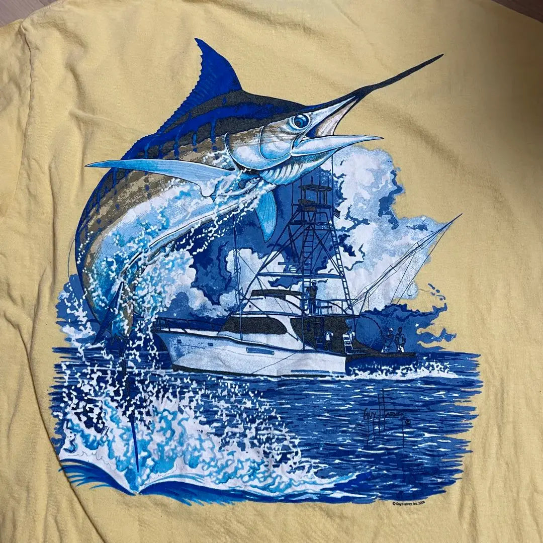 US Clothing Camiseta con bolsillo Kajiki Guri Fish L Yellow | US古着 ポケット Tシャツ カジキマグロ 魚 L イエロー