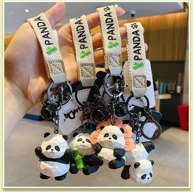 Cute keychain bamboo bell handmade feel bamboo wood carving style animal black and white panda