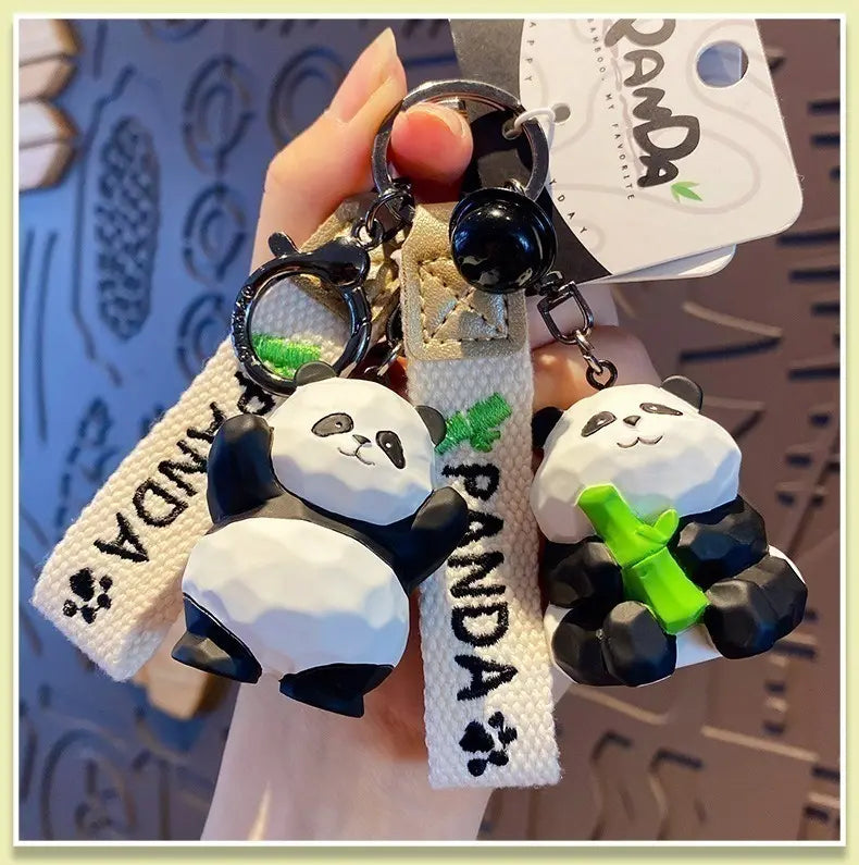 Cute keychain bamboo bell handmade feel bamboo wood carving style animal black and white panda