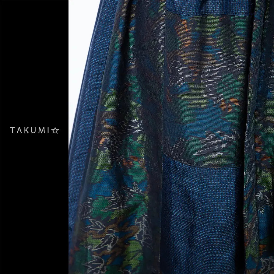 Oshima Tsumugi Kimono Remake Gathered Cart Wawn Blue Green Maple Pattern Handmade | 大島紬 着物リメイク ギャザースカート 紺緑系 もみじ柄 ハンドメイド