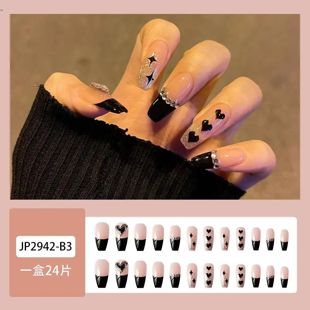 Descuento por tiempo limitado 582 uñas negras con punta de onda coreana, purpurina de moda wkm