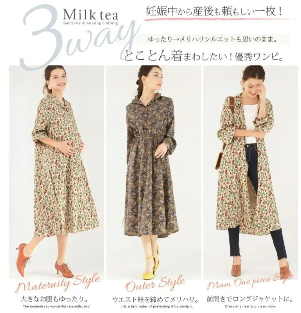 Milk tea, nursing clothes, maternity, floral print, shirt dress