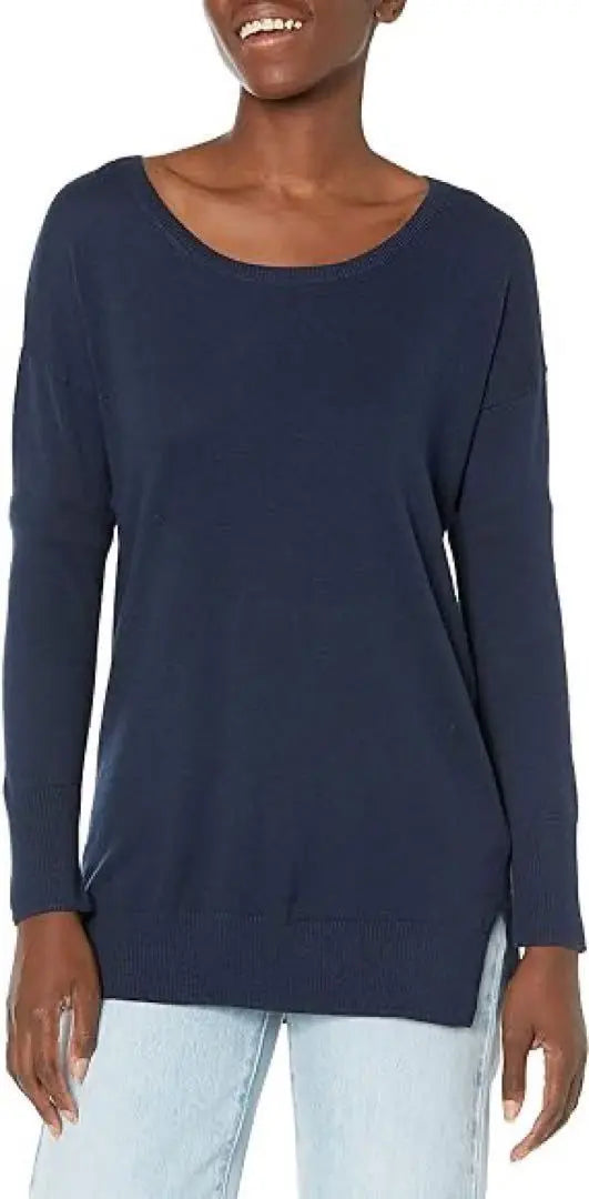 ★ Long sleeve knit tunic side side slit Navy Navy blue XL Spring and autumn