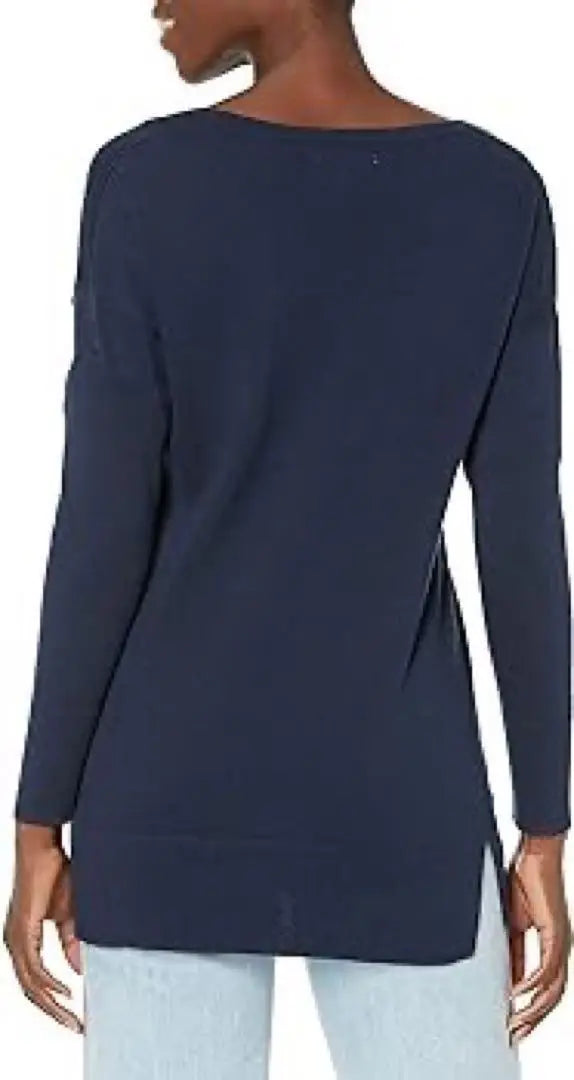 ★ Long sleeve knit tunic side side slit Navy Navy blue XL Spring and autumn