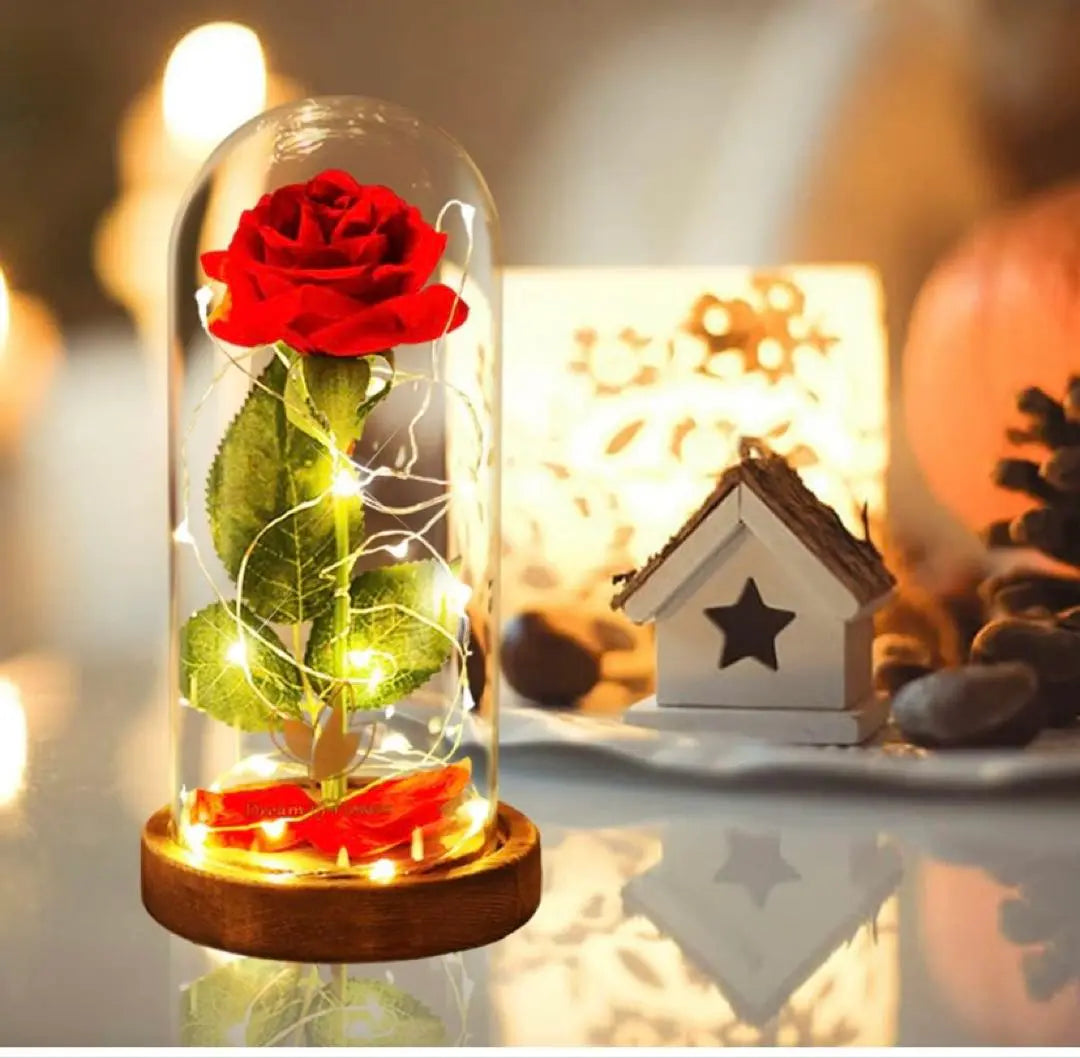 Rose Artificial Flower LED Light, Wooden Base, Battery Operated, Glass Container, Flower that Will Not Wither, Romantic Flower