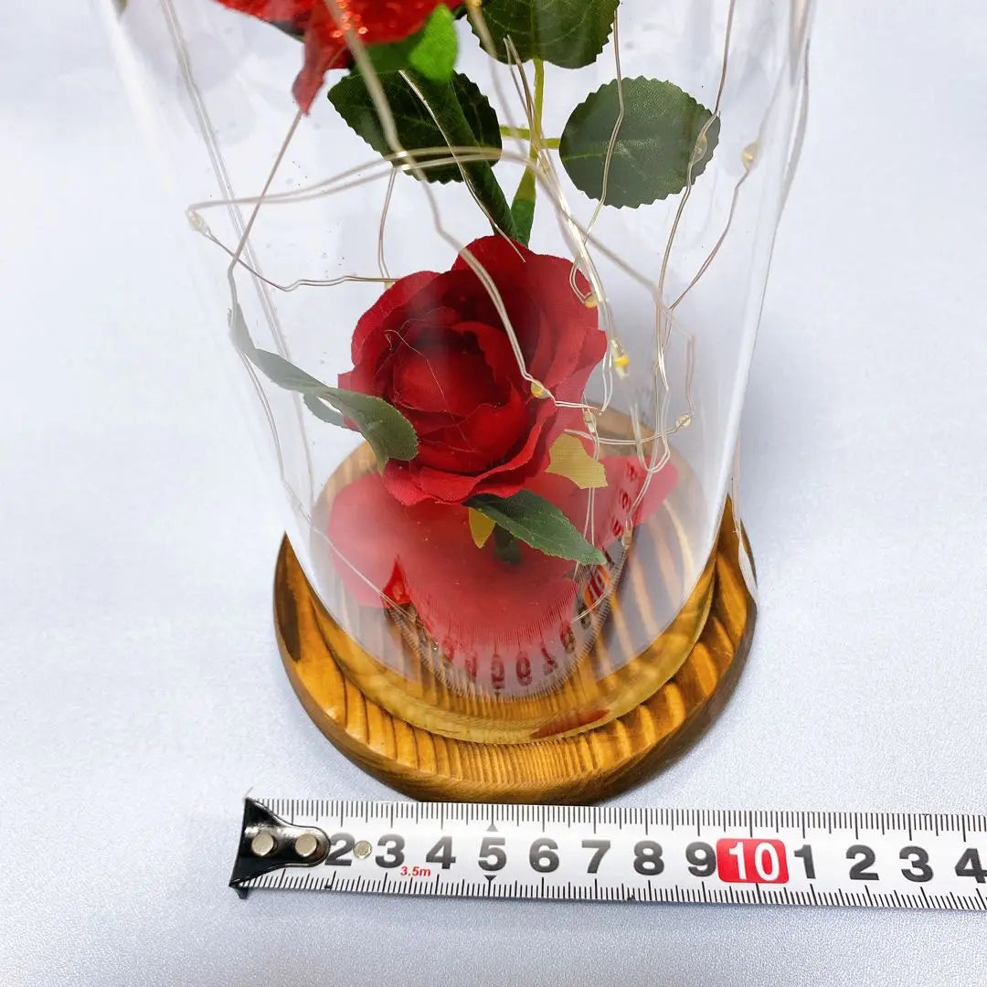 Rose Artificial Flower LED Light, Wooden Base, Battery Operated, Glass Container, Flower that Will Not Wither, Romantic Flower