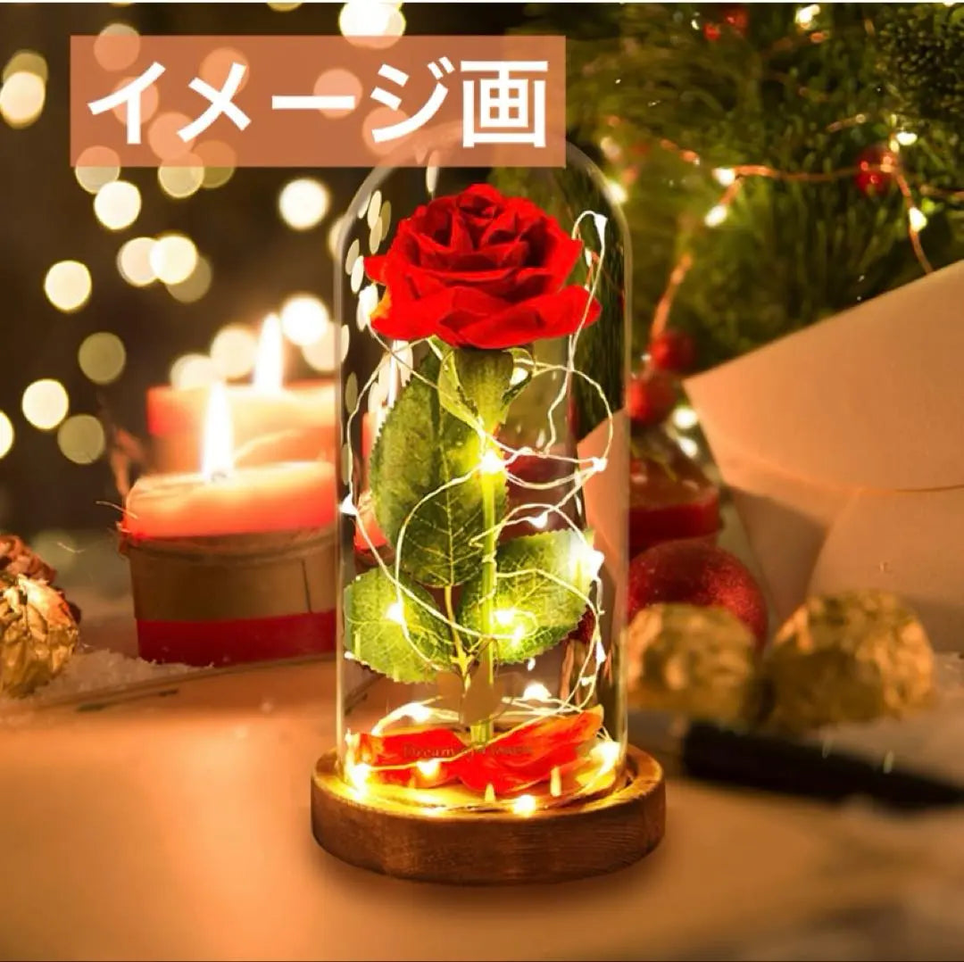 Rose Artificial Flower LED Light, Wooden Base, Battery Operated, Glass Container, Flower that Will Not Wither, Romantic Flower