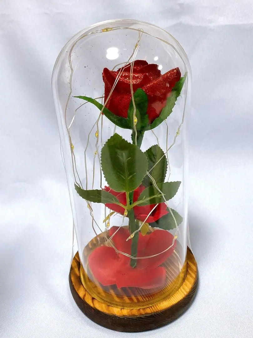 Rose Artificial Flower LED Light, Wooden Base, Battery Operated, Glass Container, Flower that Will Not Wither, Romantic Flower