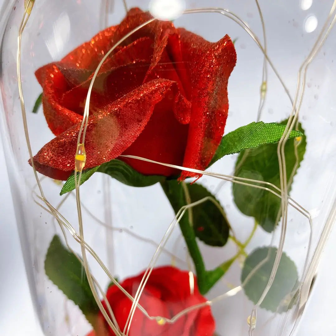 Rose Artificial Flower LED Light, Wooden Base, Battery Operated, Glass Container, Flower that Will Not Wither, Romantic Flower