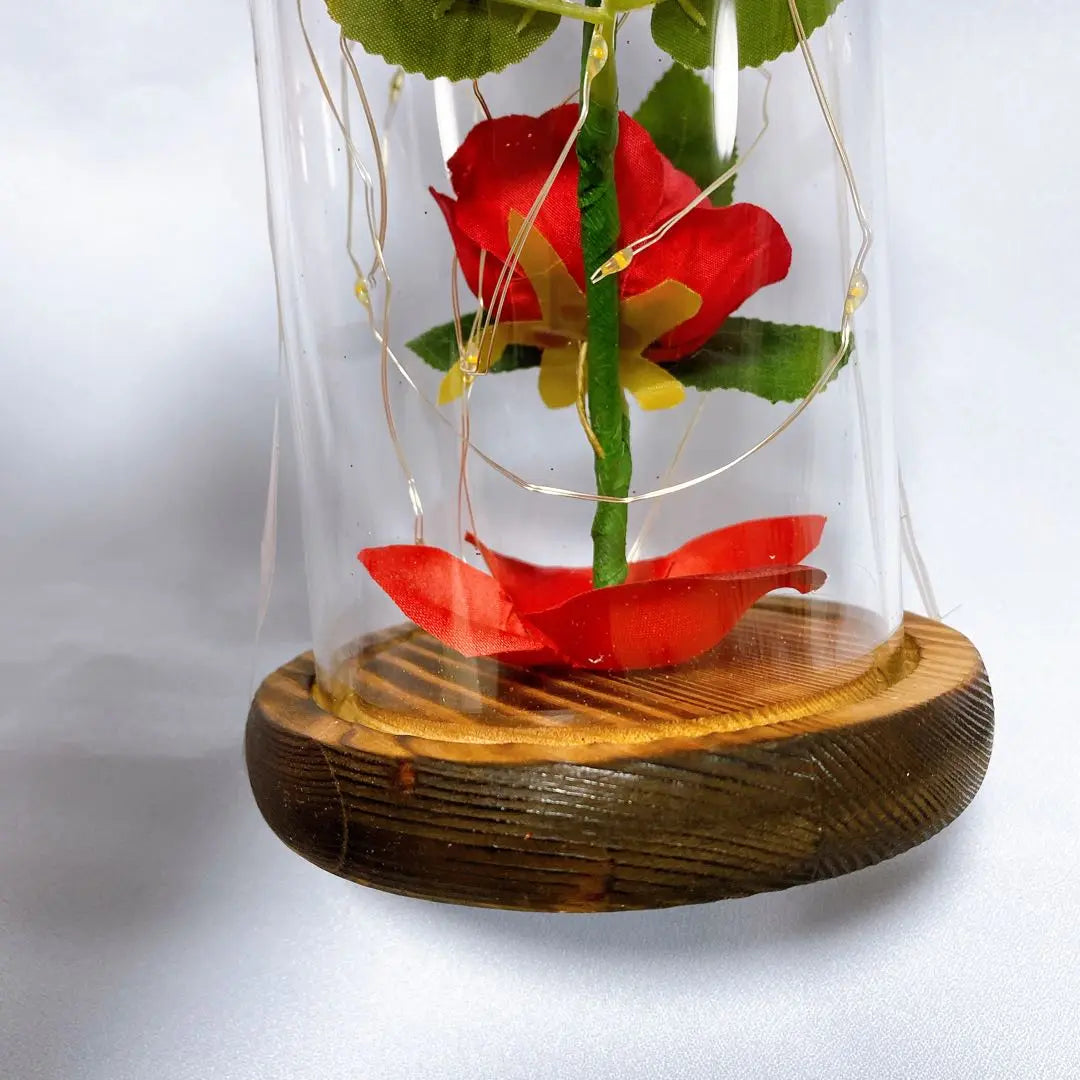 Rose Artificial Flower LED Light, Wooden Base, Battery Operated, Glass Container, Flower that Will Not Wither, Romantic Flower