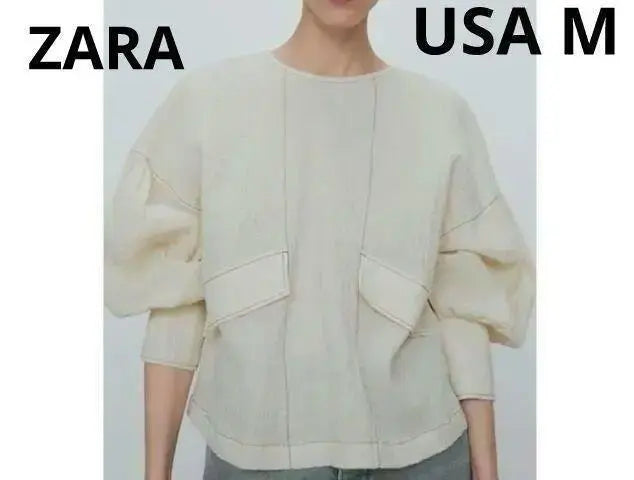 ZARA Wrinkle Puff Sleeve Blouse Stitched Tops M