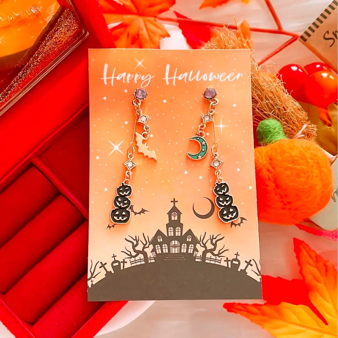 Halloween calabaza murciélago luna balanceándose♪ Pendientes hechos a mano | ハロウィン カボチャ bat 月 ゆらゆら♪ ハンドメイド ピアス イヤリング