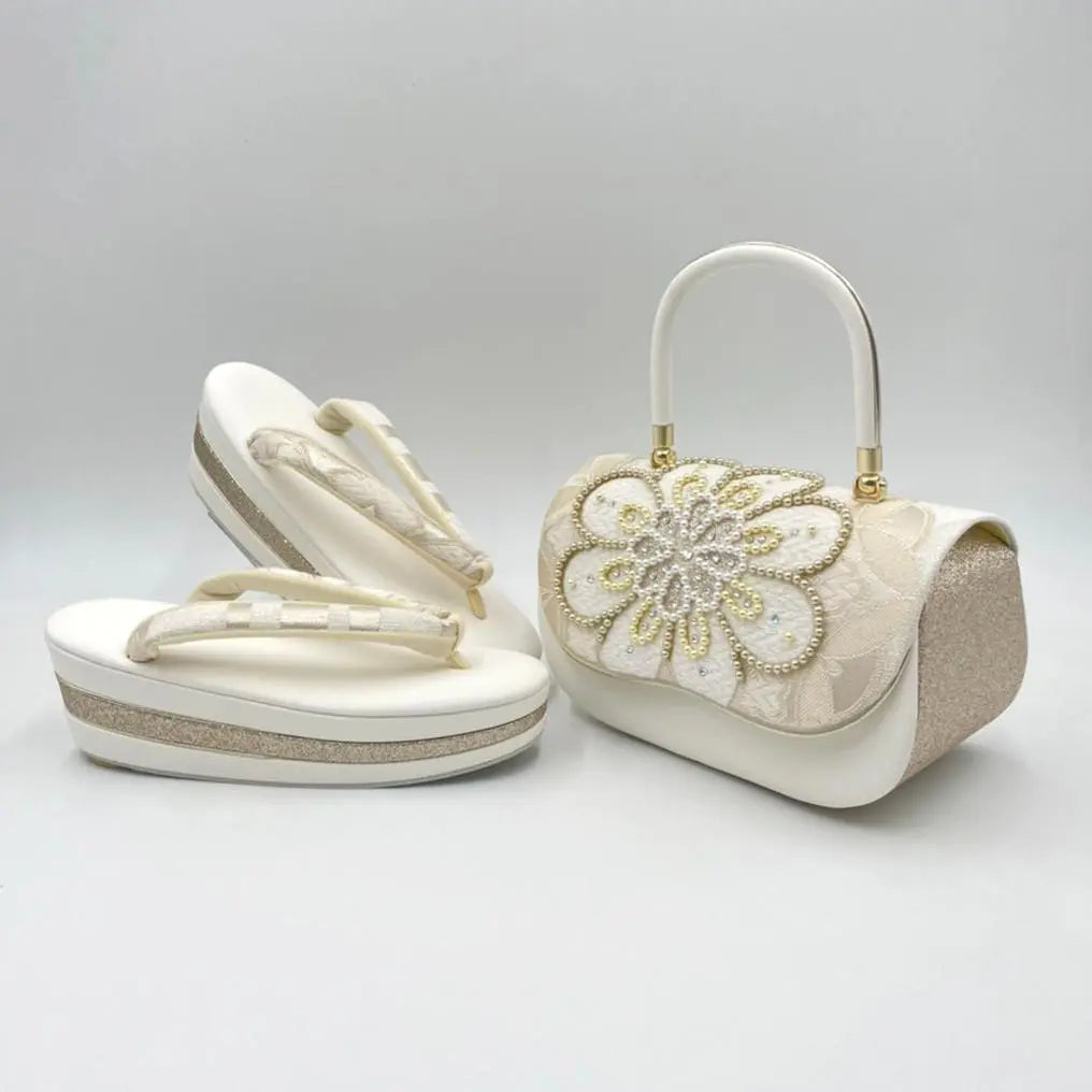 Luxurious beaded pearl embroidery furisode bag sandal set Nishijin obi fabric Ivory