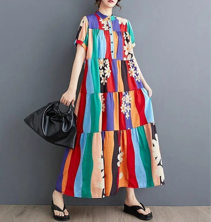 Large size women's long dress, spring/summer, autumn, new, short sleeves, floral pattern