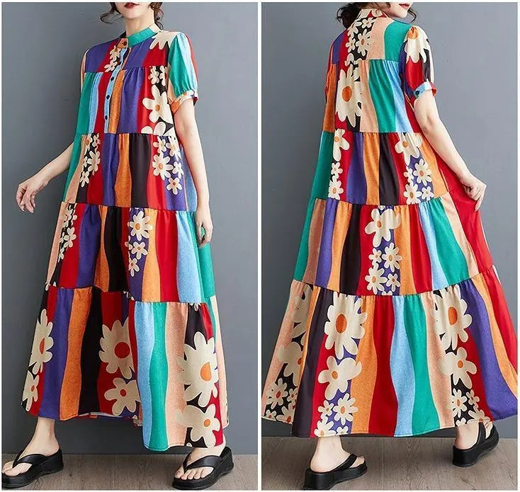 Large size women's long dress, spring/summer, autumn, new, short sleeves, floral pattern