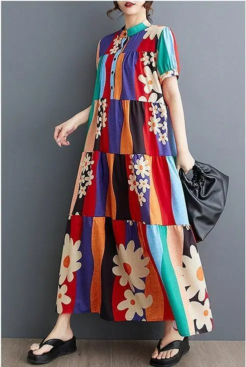 Large size women's long dress, spring/summer, autumn, new, short sleeves, floral pattern