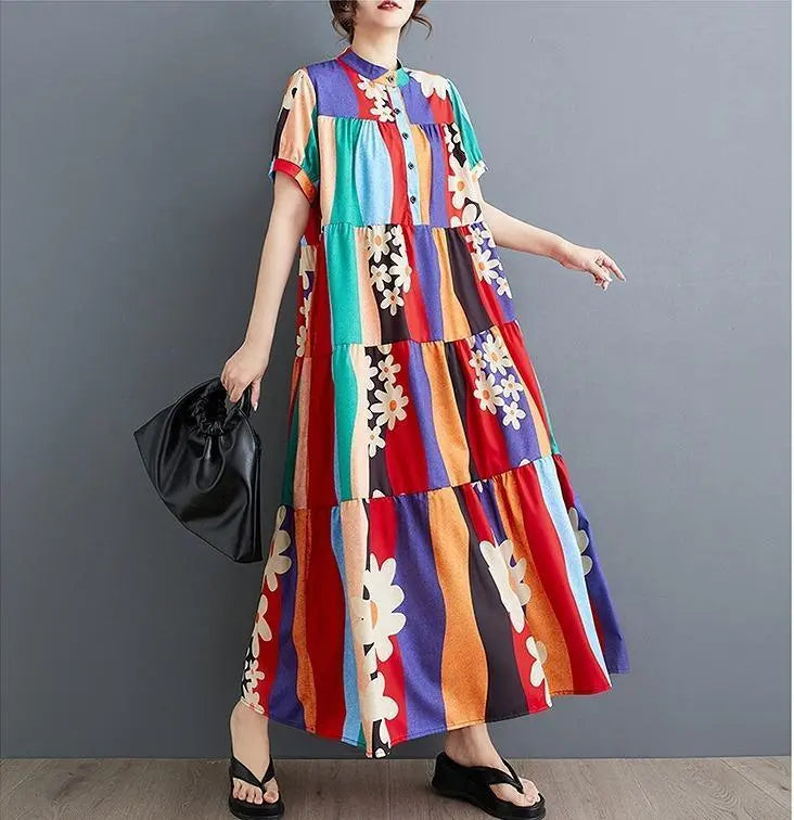 Large size women's long dress, spring/summer, autumn, new, short sleeves, floral pattern