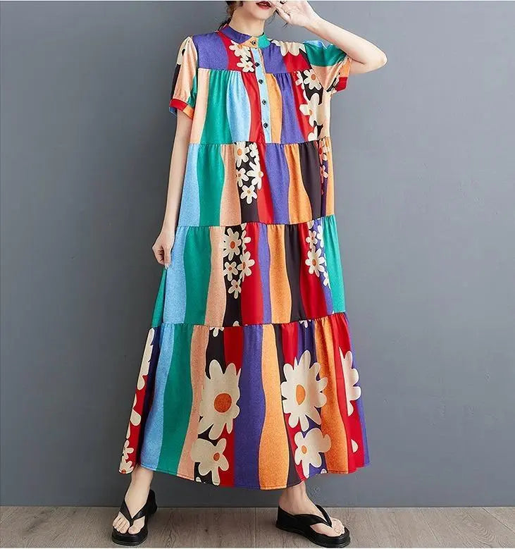 Large size women's long dress, spring/summer, autumn, new, short sleeves, floral pattern