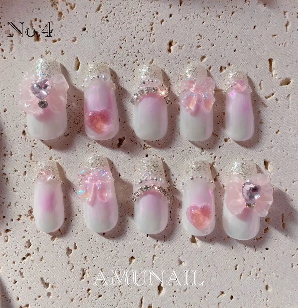 Custom made nail tips, pink, blush, ribbon, heart, girly, mass-produced type