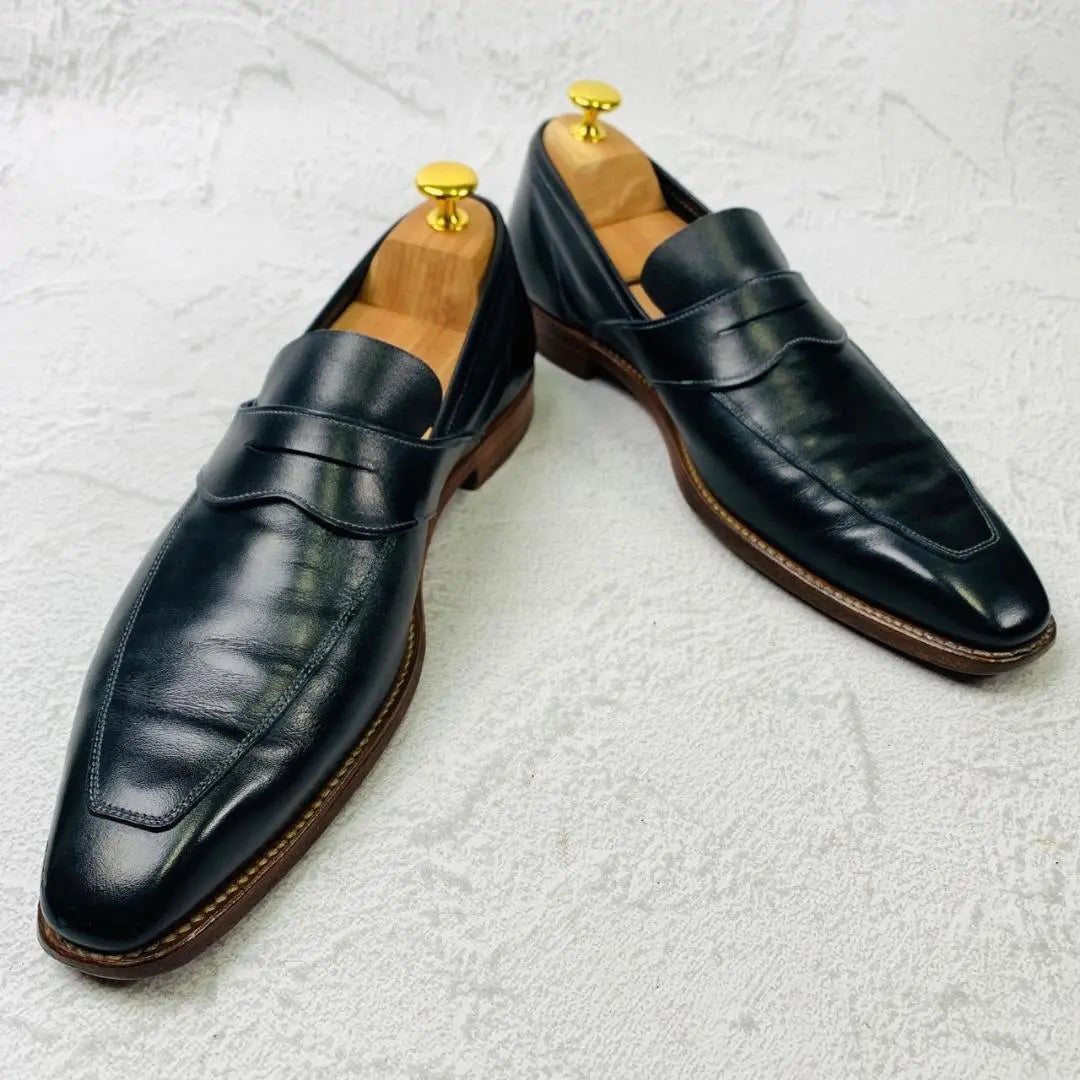 [Good condition] Crockett and Jones Full Saddle Coin Loafers Navy 7 Leather Shoes