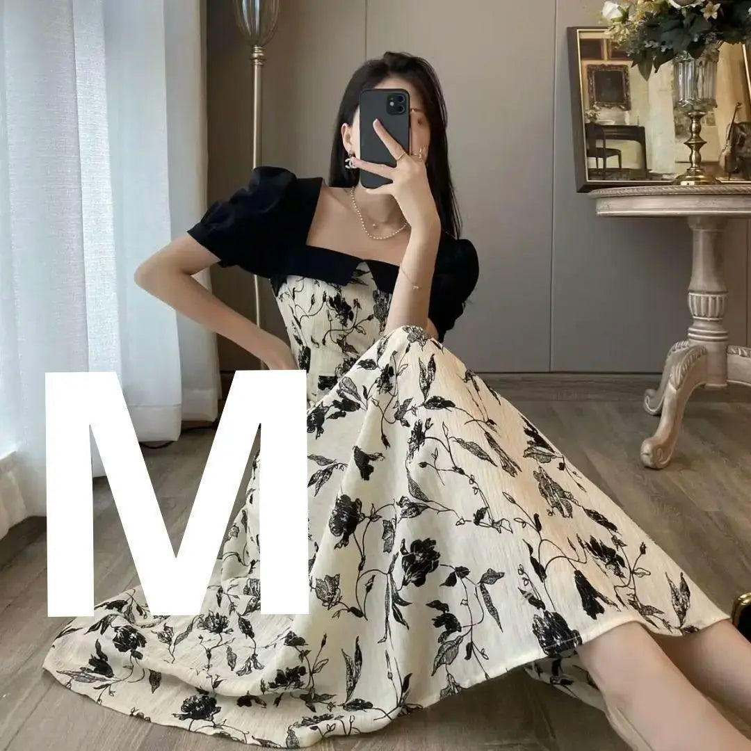 Flower pattern long dress A very popular monotone white black short sleeve M size summer