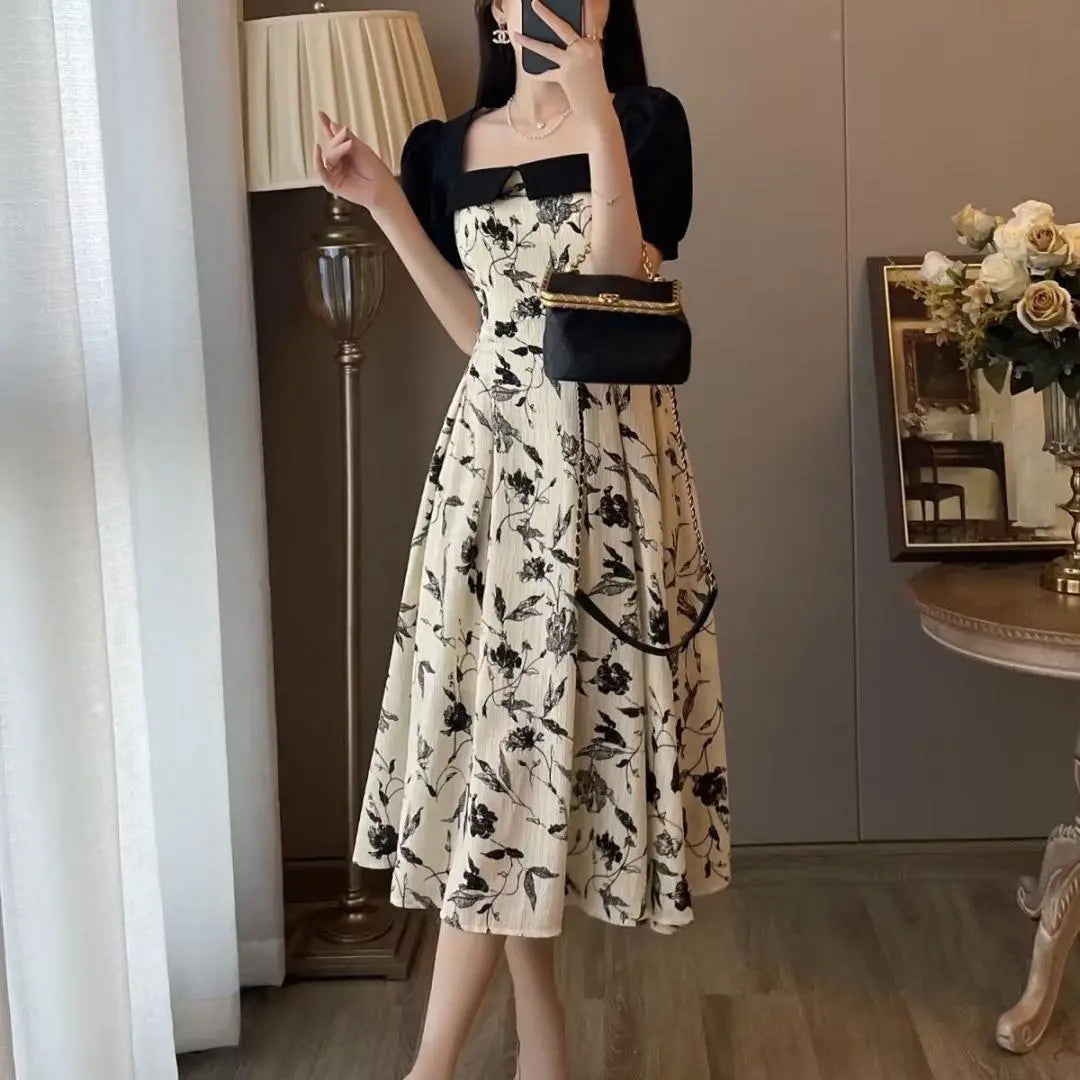 Flower pattern long dress A very popular monotone white black short sleeve M size summer