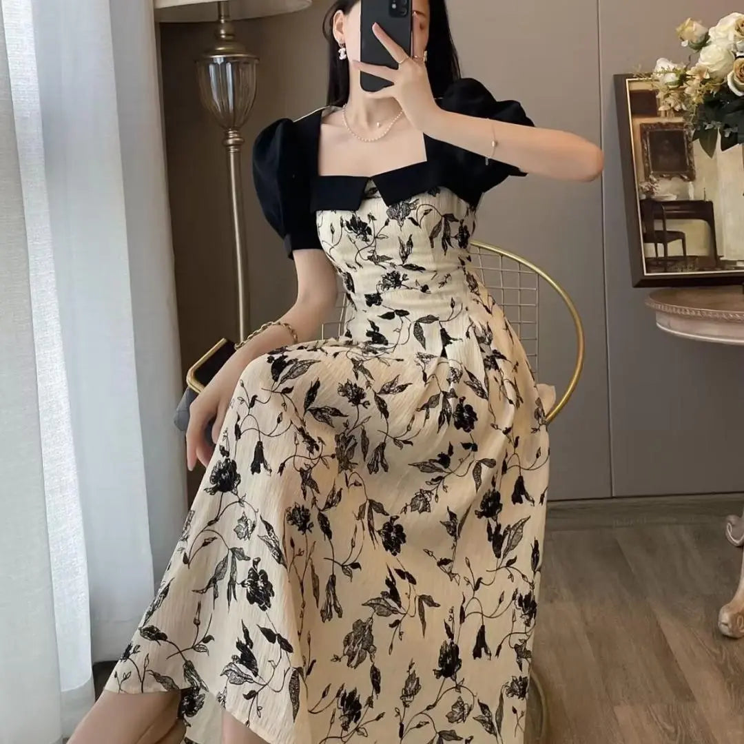 Flower pattern long dress A very popular monotone white black short sleeve M size summer