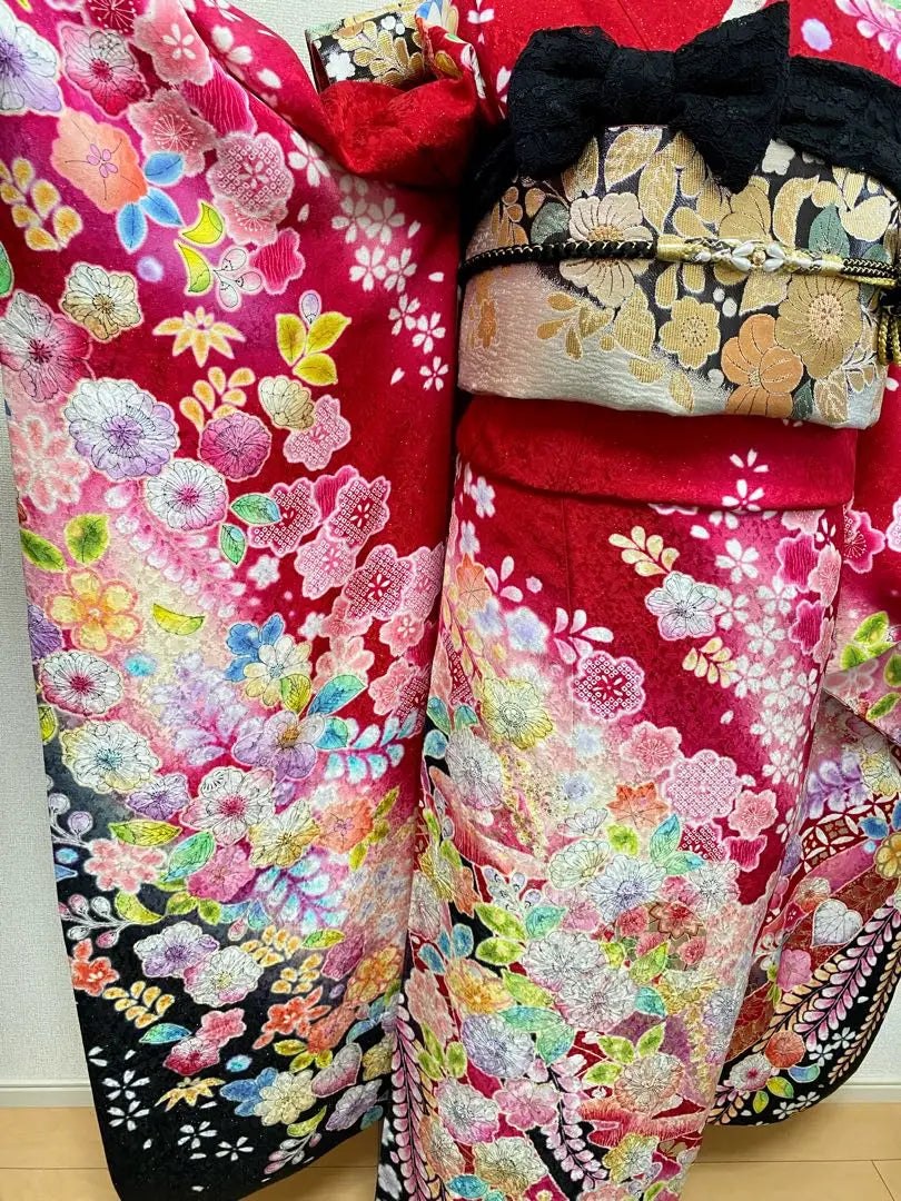 Full set of furisode Tsujigahana Red Pink Black Floral Shibori Silver Gold Color Pure Silk Coming of Age Ceremony