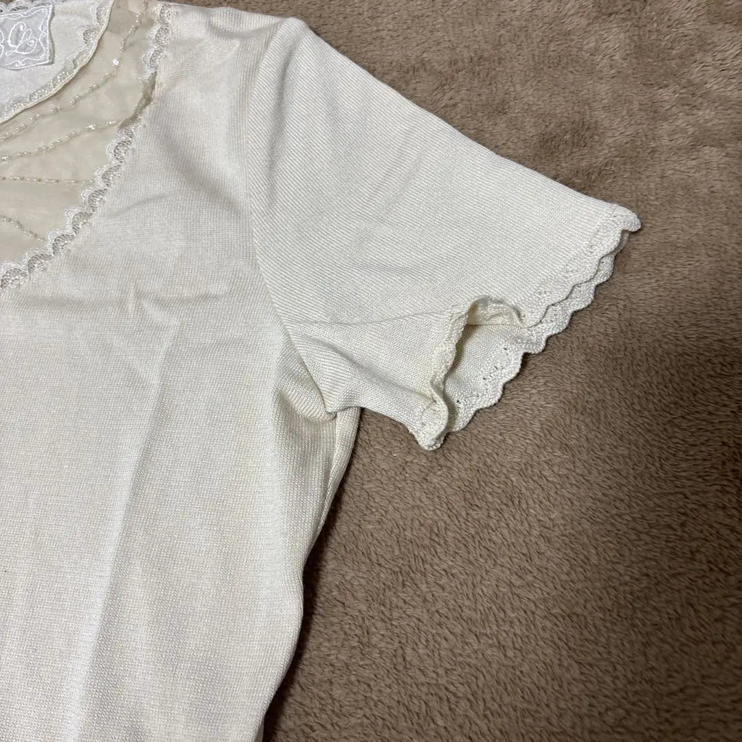 Jewelry neck pullover floral pattern short sleeve top cream lace collar T-shirt