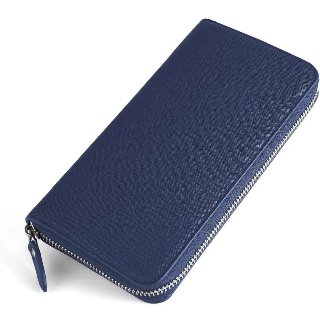 Cowhide Long Wallet Men's Blue Navy Blue Navy Round Zipper Large Capacity Box