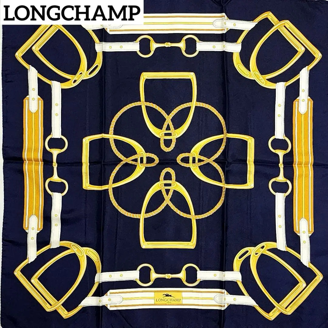 ★ LONGCHAMP ★ Scarf Horse Horse Belt Chain Silk Navy