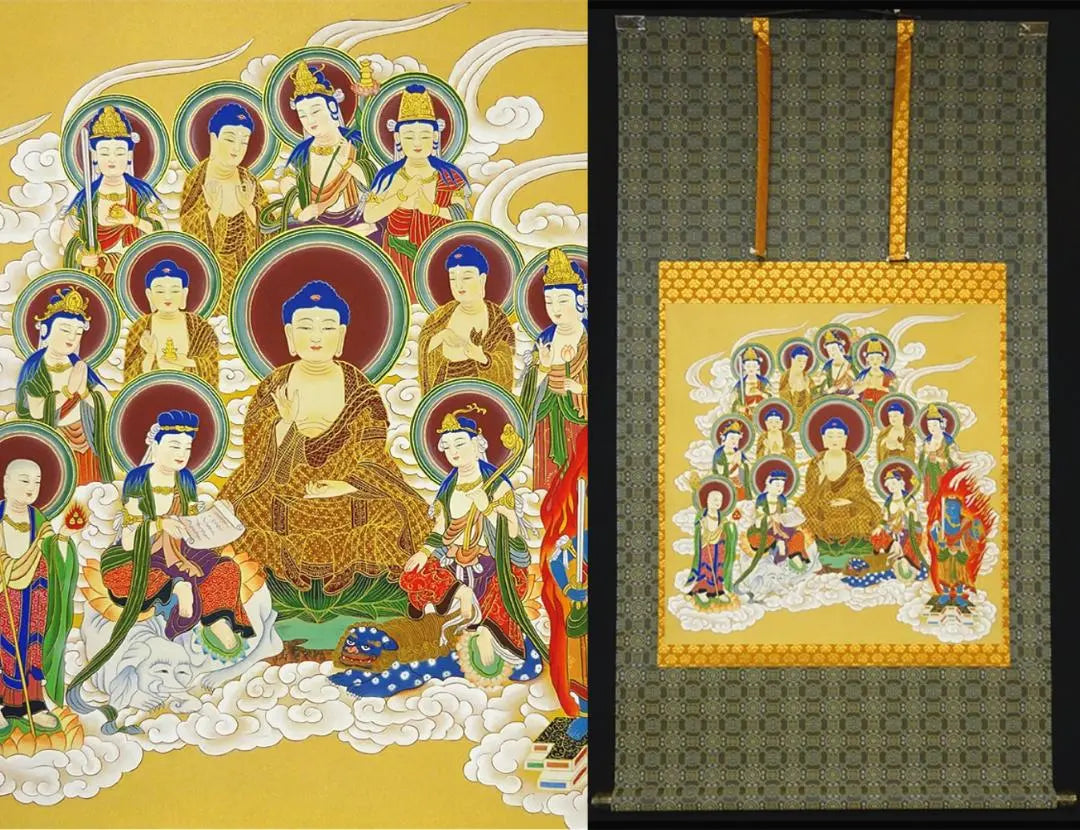 [Main-made] Hanging scroll Tajima Midori's "Thirteen Buddhas Illustrations" Buddhist painting, silk, hand-painted, boxed, hanging scroll a06022 | 【真作】掛軸 田島翠峰『十三仏図』仏画 絹本 肉筆 箱付 掛け軸 a06022