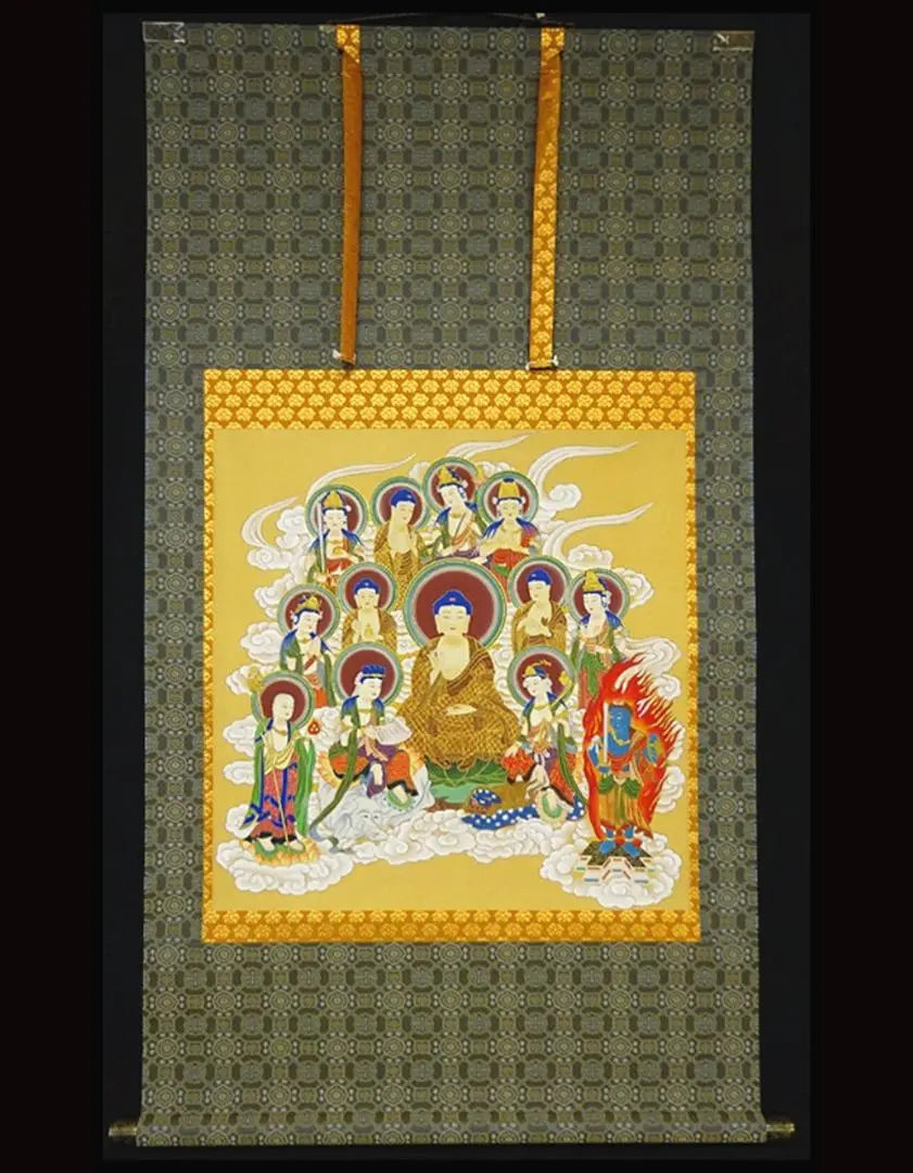 [Main-made] Hanging scroll Tajima Midori's "Thirteen Buddhas Illustrations" Buddhist painting, silk, hand-painted, boxed, hanging scroll a06022 | 【真作】掛軸 田島翠峰『十三仏図』仏画 絹本 肉筆 箱付 掛け軸 a06022