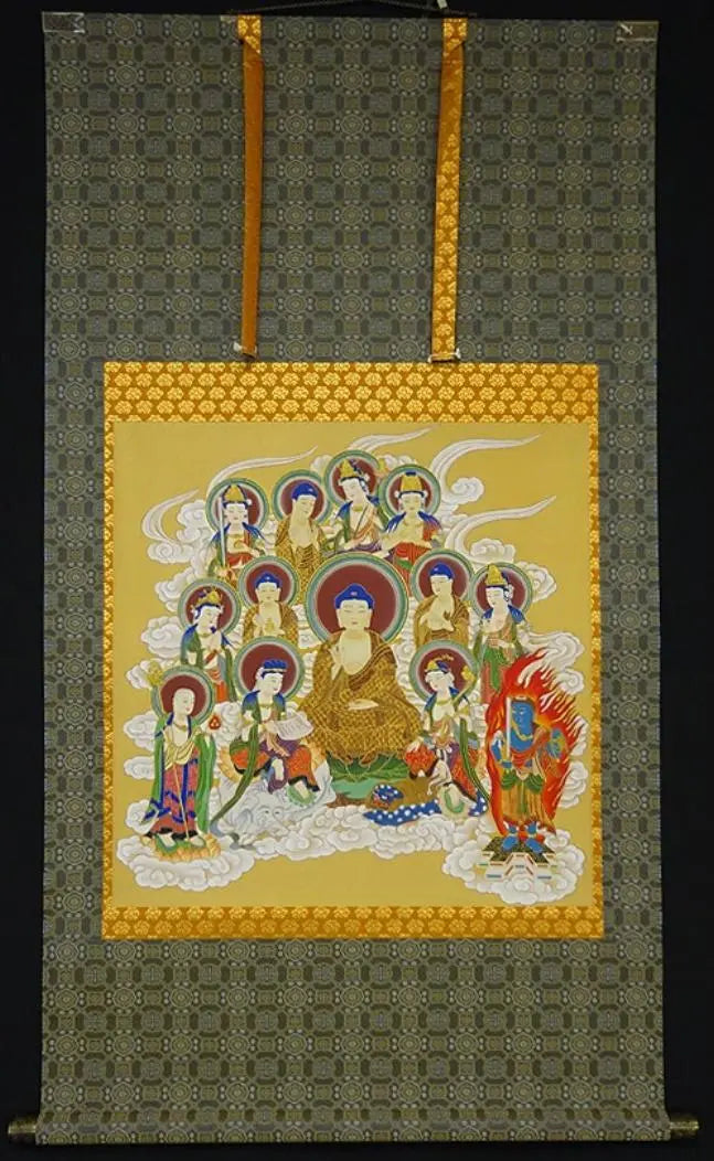 [Main-made] Hanging scroll Tajima Midori's "Thirteen Buddhas Illustrations" Buddhist painting, silk, hand-painted, boxed, hanging scroll a06022 | 【真作】掛軸 田島翠峰『十三仏図』仏画 絹本 肉筆 箱付 掛け軸 a06022