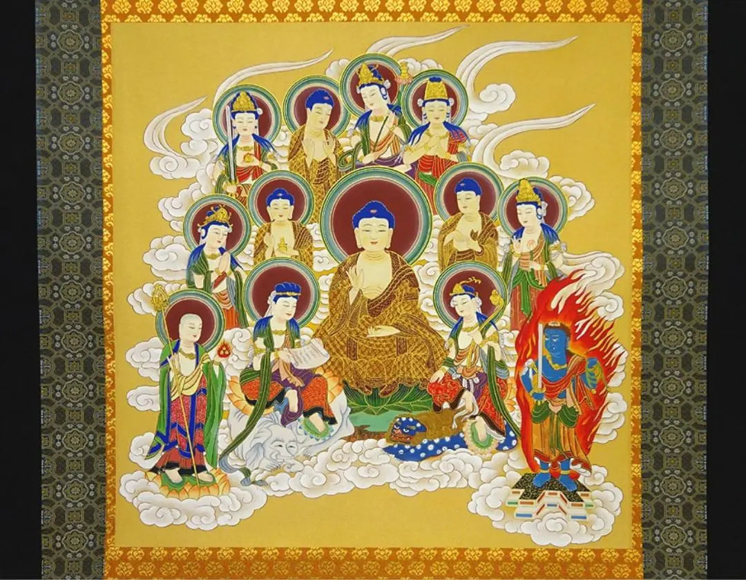 [Main-made] Hanging scroll Tajima Midori's "Thirteen Buddhas Illustrations" Buddhist painting, silk, hand-painted, boxed, hanging scroll a06022 | 【真作】掛軸 田島翠峰『十三仏図』仏画 絹本 肉筆 箱付 掛け軸 a06022