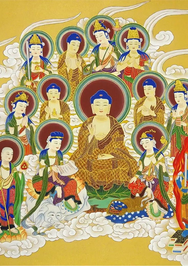 [Main-made] Hanging scroll Tajima Midori's "Thirteen Buddhas Illustrations" Buddhist painting, silk, hand-painted, boxed, hanging scroll a06022 | 【真作】掛軸 田島翠峰『十三仏図』仏画 絹本 肉筆 箱付 掛け軸 a06022