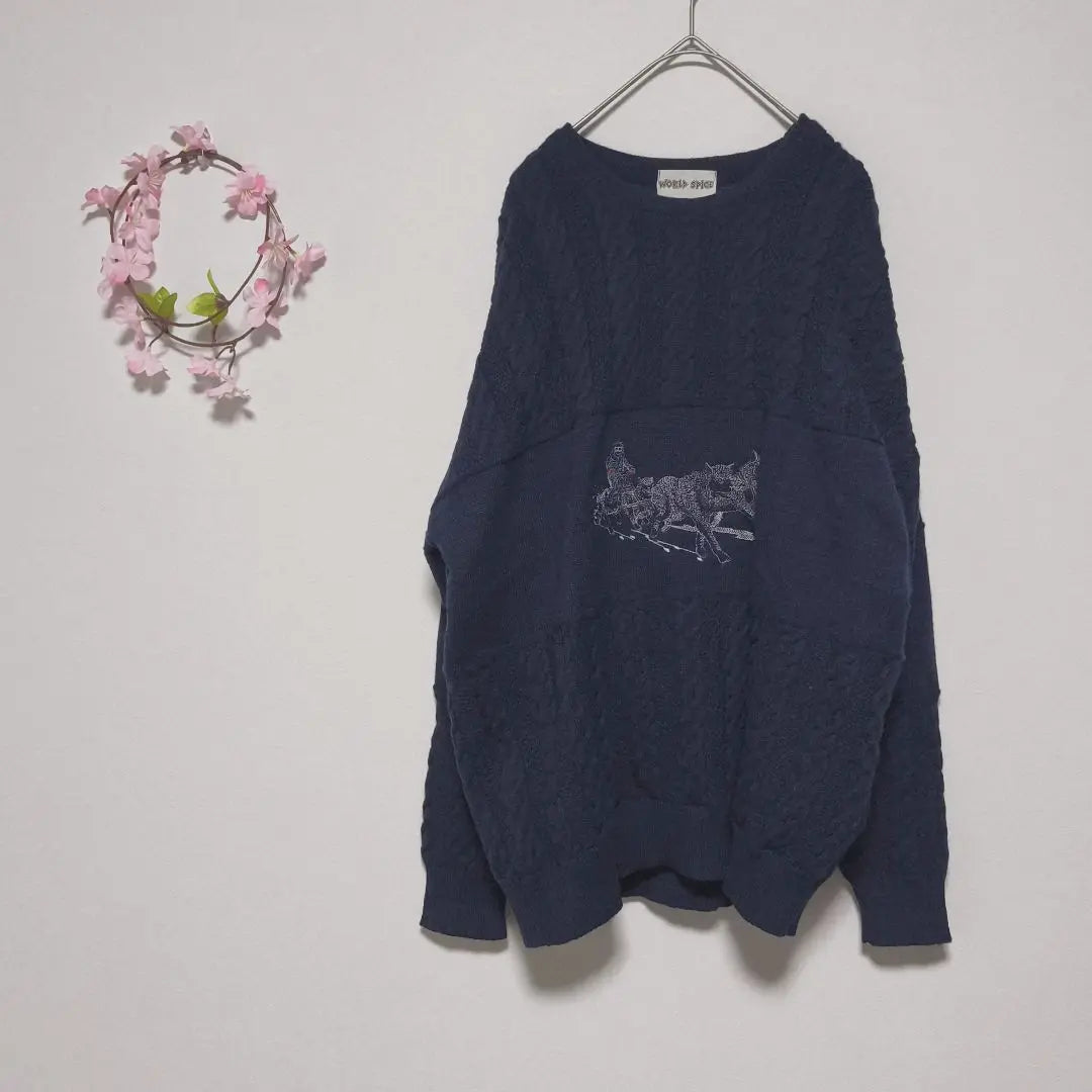 WORLD SPICE Embroidered Cable Knit Sweater Lining Retro