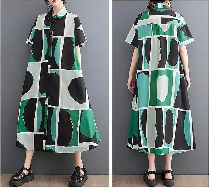 Large size women's long dress, spring/summer, autumn, new, short sleeve shirt