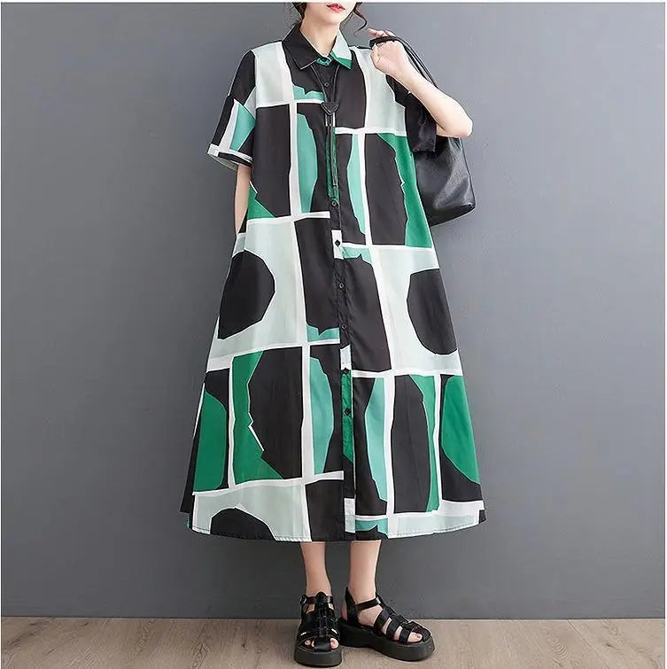 Large size women's long dress, spring/summer, autumn, new, short sleeve shirt