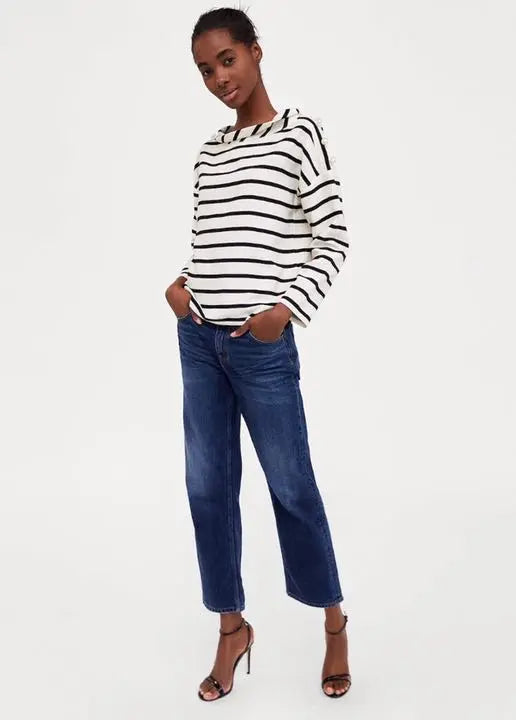 New ZARA ZARA long-sleeved striped top with pearl