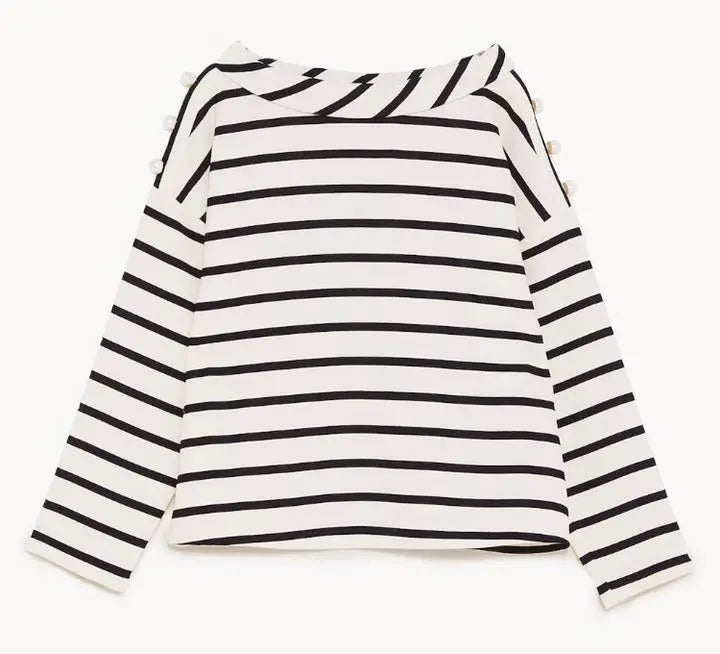 New ZARA ZARA long-sleeved striped top with pearl