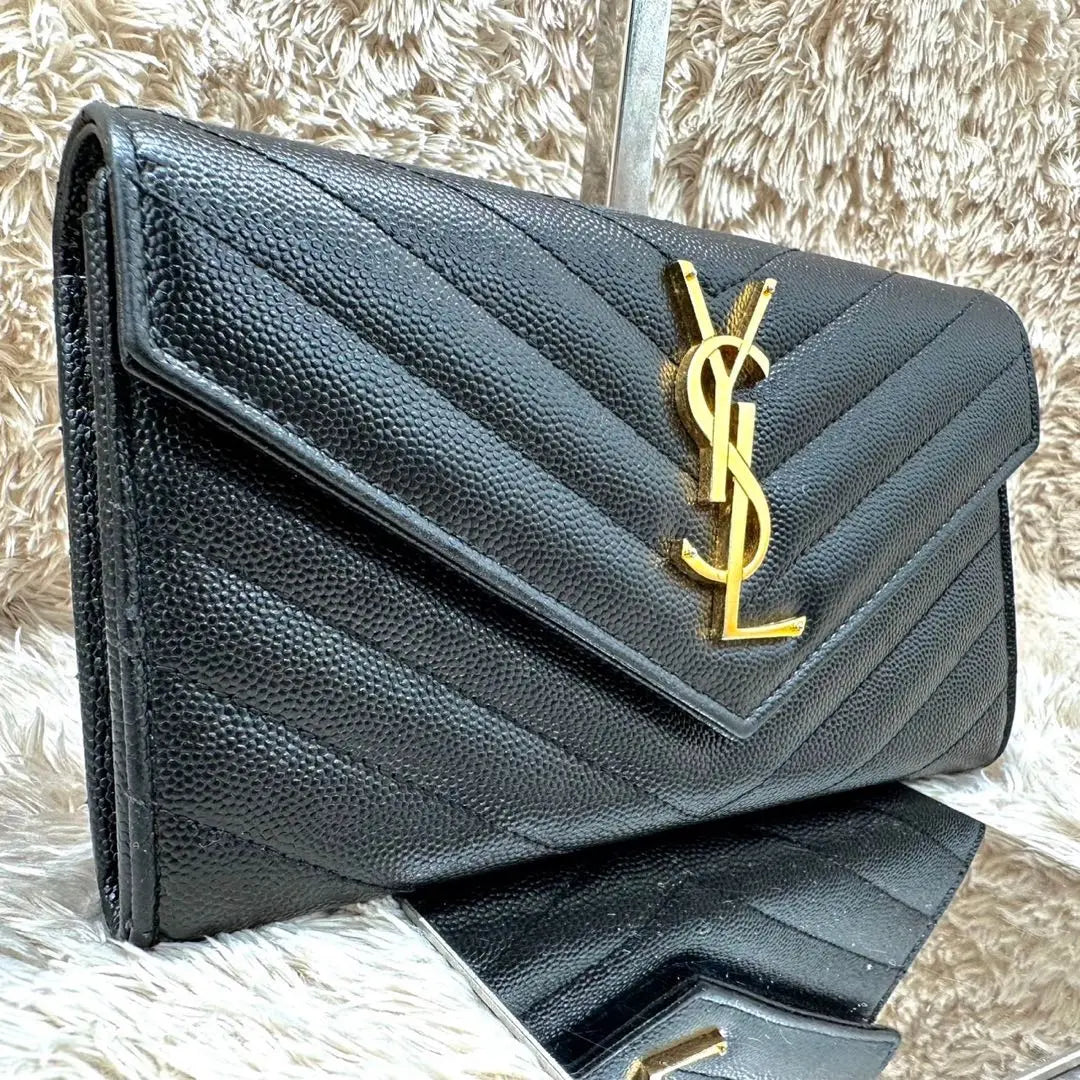 [Good condition] Saint Laurent long wallet flap black V-stitched caviar skin