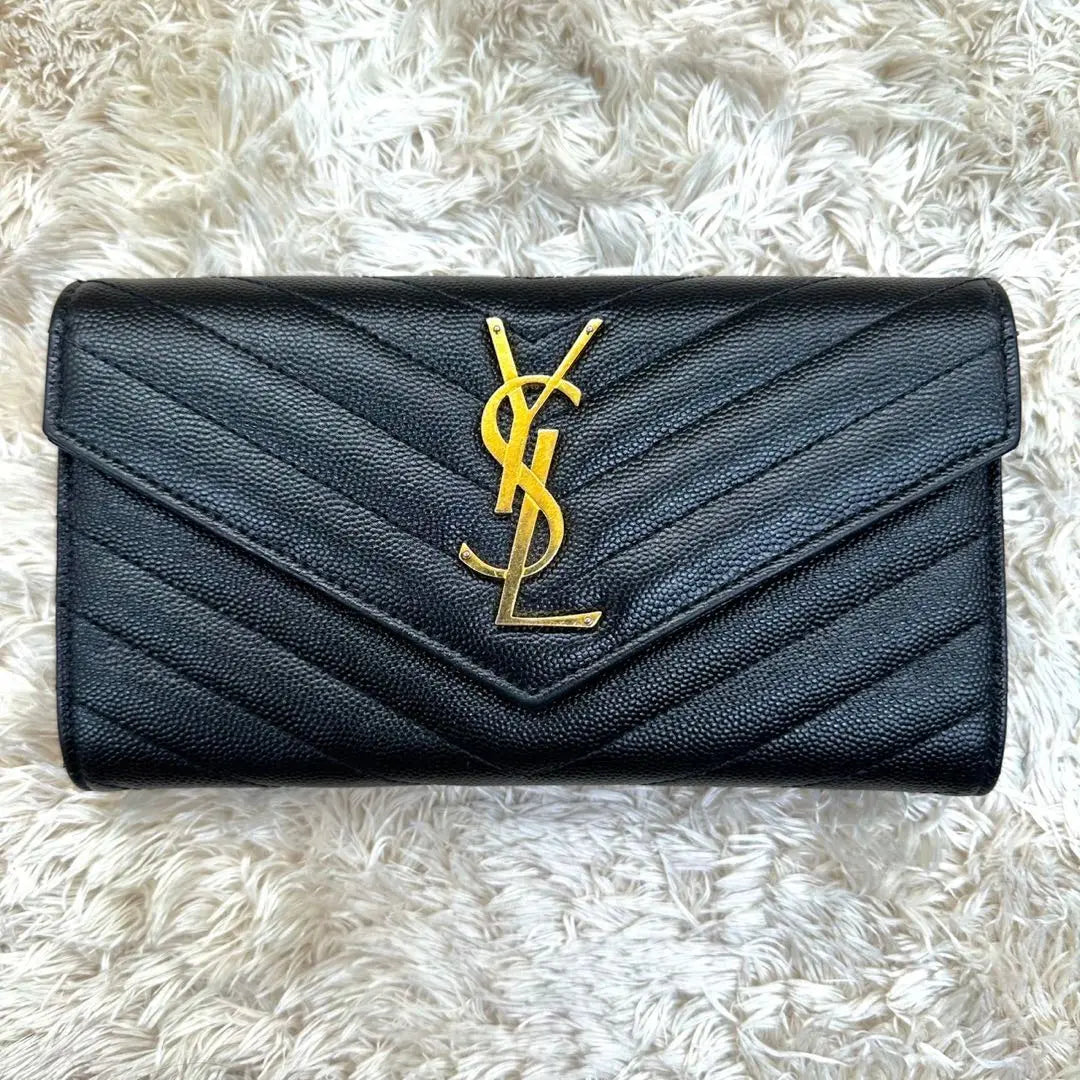 [Good condition] Saint Laurent long wallet flap black V-stitched caviar skin