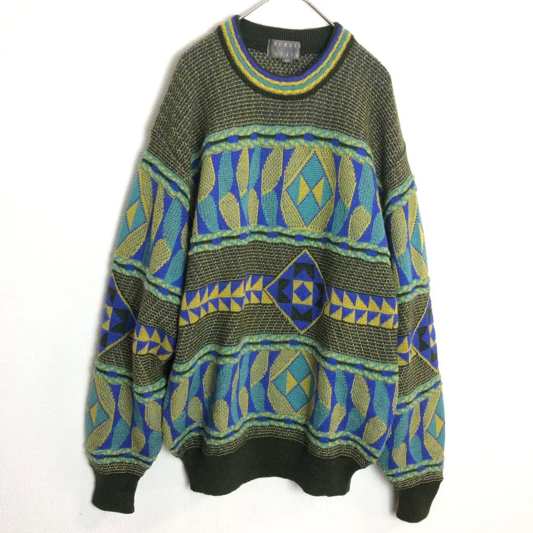 1124 Knit, all-over pattern, sweater, geometric pattern, green, yellow, L, wool, retro, old clothes