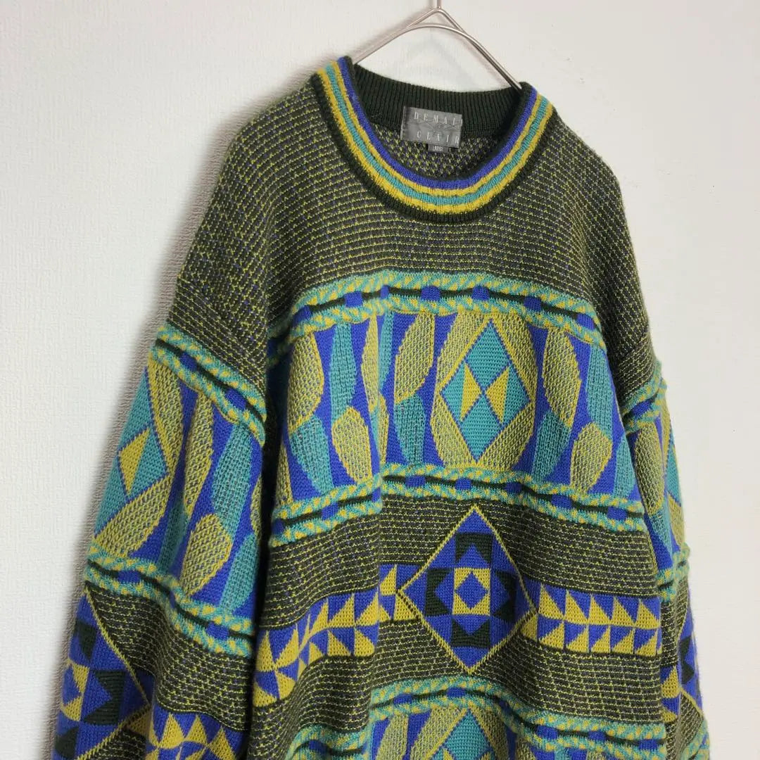 1124 Knit, all-over pattern, sweater, geometric pattern, green, yellow, L, wool, retro, old clothes