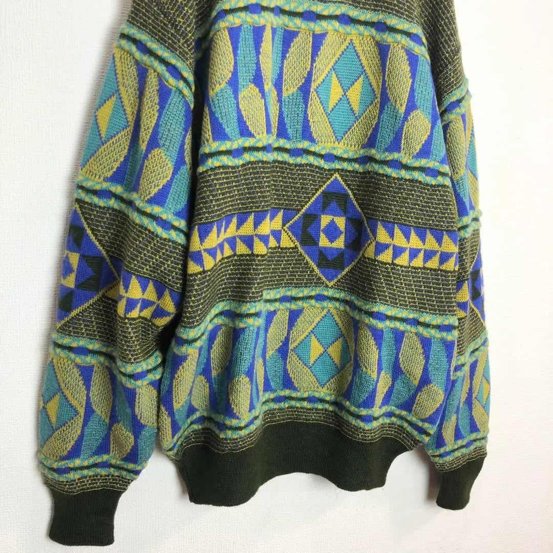 1124 Knit, all-over pattern, sweater, geometric pattern, green, yellow, L, wool, retro, old clothes